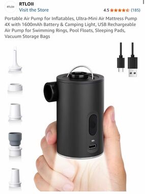 New In Box Portable Mini Air Pump - Black with USB Recharge LED light